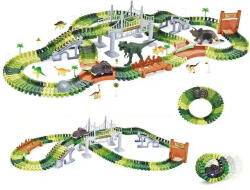 PlayFellow Crate Road Dino Track 216 elemű Dinoszaurusz / Dinopark autópálya készlet 8 dínóval és 1 db elemes, világító autóval (Dino_Track_216)