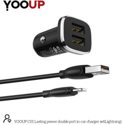 YOOUP C01 Lasting Power kettős portos autós töltőkészlet (Lightning, fekete) - metamart