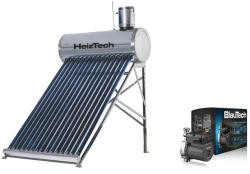 HeizTech KIT S19 cu panou solar cu 12 tuburi vidate pentru preparare apa calda menajera cu rezervor otel inoxidabil nepresurizat 120 litri HeizTech + pompa ridicare presiune pentru panouri solare nepresurizate