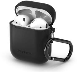  Bluetooth fülhallgató töltőtok tartó, szilikon, vezeték nélküli töltés támogatás, karabiner, Apple AirPods kompatibilis, Spigen Silicone Fit, fekete