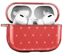  Bluetooth fülhallgató töltőtok tartó, szilikon, ultravékony, Apple AirPods Pro kompatibilis, strasszkővel, piros