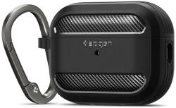 Bluetooth fülhallgató töltőtok tartó, szilikon, vezeték nélküli töltés támogatás, karabiner, Apple AirPods 2 Pro kompatibilis, Spigen Rugged Armor, fekete