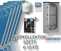 Napcsap 6-10 fő részére napkollektor rendszer: 5 db prémium sikkollektor, 500 literes extra nagy hőcserélős álló bojler, szivattyú állomás, vezérlés, tágulási tartály (SZETT_610_COR_5SIK_500_1XL)