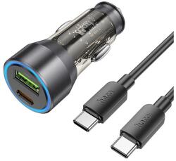 hoco. autós töltő USB+Type-C aljzat (43W, PD gyorstöltő, LED jelzés + Type-C kábel) FEKETE (NZ12A BLACK TYPE-C)