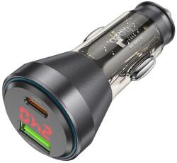 hoco. autós töltő USB+Type-C aljzat (48W, PD gyorstöltő, LED kijelző) FEKETE (NZ12B BLACK)