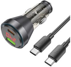 hoco. autós töltő USB+Type-C aljzat (48W, PD gyorstöltő, LED kijelző + Type-C kábel) FEKETE (NZ12B BLACK TYPE-C)