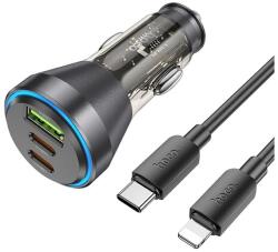 hoco. autós töltő USB+2 Type-C aljzat (60W, PD gyorstöltő, LED jelzés + lightning kábel) FEKETE (NZ12D BLACK LIGHTNING)