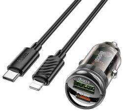 hoco. Z53A autós töltő USB+Type-C aljzat (5V/3A, 30W, PD gyorstöltő + Type-C - lightning kábel) FEKETE (Z53A_TYPE-C_LIGHTNING_B)