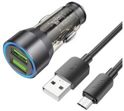 hoco. autós töltő 2 USB aljzat (18W, gyorstöltő, LED jelzés + microUSB kábel) FEKETE (NZ12 BLACK + MICROUSB)