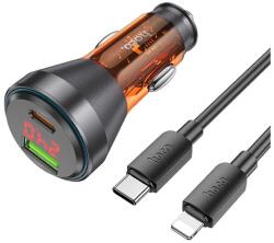 hoco. autós töltő USB+Type-C aljzat (48W, PD gyorstöltő, LED kijelző + lightning kábel) NARANCSSÁRGA (NZ12B ORANGE LIGHTNING)