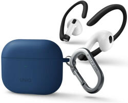 Bluetooth fülhallgató töltőtok tartó, szilikon + műanyag, vezeték nélküli töltés támogatás, karabiner, fülkampó, Apple AirPods 3 kompatibilis, Uniq Nexo, kék
