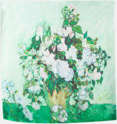 Shopika Esarfa patrata cu o singura fata imprimata cu reproducerea dupa Vaza cu trandafiri albi de Van Gogh Verde/Alb Marime unica