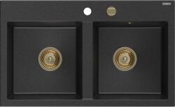 Mexen Hektor, 2 kamrás gránit mosogató 800x480x205 mm, fekete-ezüst metál, arany szifon, 6521802000-73-G (6521802000-73-G)