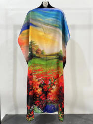 SHOPIKA Rochie de plaja lunga tip poncho din matase cu pictura impresionista camp cu flori cu aspect de panza Talie unica