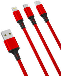 XO NB173 USB Cable 3in1 Micro-USB, Type-C, Lightning kábel, 2.4A, 1.2m, piros