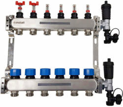 Install osztó - gyűjtő átfolyásmérő + komplett végelem 11 kör 1" - 3/4" EUROKÓNUSZ inox (AORA11FLTVEUSZB)