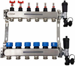 Install osztó - gyűjtő átfolyásmérő + komplett végelem 7 kör 1" - 3/4" EUROKÓNUSZ inox (AORA07FLTVEUSZB)