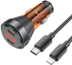 hoco. autós töltő 2 x Type-C QC 30W digitális kijelző + kábel Type-C iPhone PD60W átlátszó narancssárga