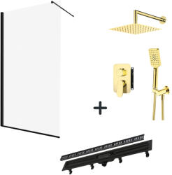 Mediterraneo x Alcadrain x Deante Set paravan dus walk-in 90x200 cm, rigola si set de dus incastrat auriu Alpinia (setmed6)