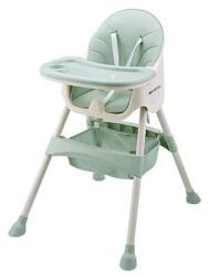IMK 4 az 1-ben etetőszék babáknak tárolóval, állítható magasságú, összecsukható, biztonsági övvel 5 pontos rögzítéssel, kivehető tálcákkal, zöld, 6-72 hónapos korig (IMK-4666)