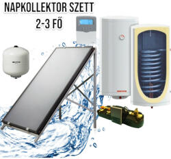 Napcsap 2-3 fő részére síkkollektoros szett HMV készítés: 1 síkkollektor + 120 literes Sunsystem hőcserélős bojler + szivattyú állomás + vezérlés + tágulási tartály (SZETT_2-3_1SIK_120_SUN)