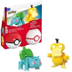 Mega Pokemon, Pokeball Bulbasaur si Psyduck, 2 figurine, set de constructie, 63 piese