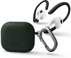  Bluetooth fülhallgató töltőtok tartó, szilikon + műanyag, vezeték nélküli töltés támogatás, karabiner, fülkampó, Apple AirPods 3 kompatibilis, Uniq Nexo, zöld