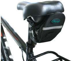  kerékpár nyeregtáska 200x80x60 mm, anyaga: poliészter, fényvisszaverő csík, vízálló cipzár, hálós rekesz, , űrtartalom: 1L, súly