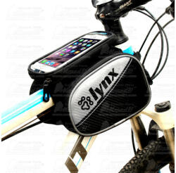 kerékpár táska mobiltelefon tartóval 180x190x125mm, felső csőre mobiltelefon tároló és táska, anyaga: poliészter, PVC, műbőr Mob