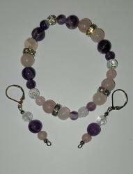  Ametiszt-Rózsakvarc-Hegyikristály karkötő-fülbevaló szett Méret: 16cm