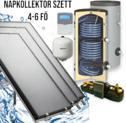 Napcsap 4-6 fő részére napkollektoros rendszer: 3 db síkkollektor + 300 literes 2 hőcserélős Sunystem álló bojler + szivattyú állomás + vezérlés + tágulási tartály (SZETT_4-6_3SIK_300_SUN)