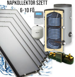 Napcsap 6-10 fő részére napkollektor rendszer: 5 db sikkollektor, 500 literes 2 hőcserélős álló bojler, szivattyú állomás, vezérlés, tágulási tartály (SZETT_610_5SIK_500_SUN)