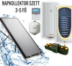 Napcsap 3-5 fő részére napkollektor rendszer: 2 db síkkollektor + 200 literes 2 hőcserélős fali bojler + szivattyú állomás + vezérlés + tágulási tartály (SZETT_3-5_2_SIK_200_SUN)