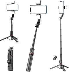 Techsuit Selfie Stick Stabil Wireless cu Lumina LED Detasabila, 108cm, Techsuit Tripod Mount LED (L12D), Black