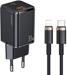 USAMS Incarcator Priza 1xUSB-C GaN 33W, 1xUSB-A QC3.0 + Cablu Lightning 1.2m, Usams (USKTZ01), Black