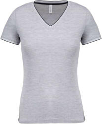 Kariban Női V-nyakú piké póló, csíkos szélekkel, Kariban KA394, Oxford Grey/Navy/White-S (ka394oxg-nv-wh-s)