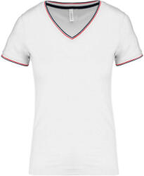 Kariban Női V-nyakú piké póló, csíkos szélekkel, Kariban KA394, White/Navy/Red-M (ka394wh-nv-re-m)