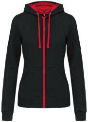 Kariban Női cipzáras pulóver kontrasztos bélésű kapucnival, Kariban KA467, Black/Red-XL (ka467bl-re-xl)