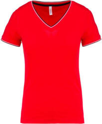Kariban Női V-nyakú piké póló, csíkos szélekkel, Kariban KA394, Red/Navy/White-S (ka394re-nv-wh-s)