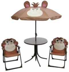 Strend Pro Set mobilier gradina/terasa pentru copii, pliabil, maro, model maimuta, 1 masa cu umbrela, 2 scaune, Melisenda (802551) - edanco