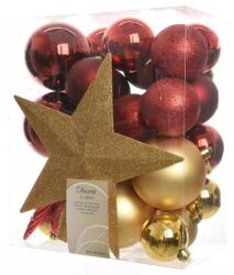 Decoris karácsonyi díszek, 32 darabos készlet, csúcsdísszel, műanyag, válogatott méretben, piros/arany színben