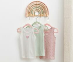 Tchibo 3 kisgyerek trikó, virágos 1x fehér, nyomott szívmintás, 1x rózsaszín, nyomott virágmintás, 1x menta 86/92