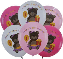  6 darabos latex lufi szett - Első születésnap - Maci - Rózsaszín