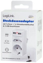 LogiLink PRIZA LOGILINK, Schuko x 1, Euro Socket x 1, USB x 2 5 V/2.1 A, max. 10.5 W, 230 V/16 A, 50 Hz, max. 3680 W, IP20, LED activate, (PA0276)
