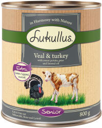 Lukullus Lukullus 11 + 1 gratis! 12 x 800 g Hrană umedă câini - Senior Vițel & curcan cu cartofi dulci, pere și ulei de in