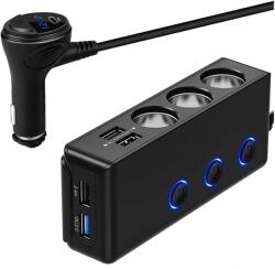 VERK GROUP Autós szivargyújtós töltő 4x USB, 1xUCB-C, 3x szivargyújtó adapterrel, fekete
