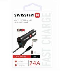 SWISSTEN - autós töltő USB-C kábellel, + 1 USB port, 2, 4 A, fekete