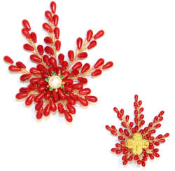 Brosa si Pandantiv din Coral Rosu - Perla de Cultura - 8x7 cm - Metal - 1 Buc