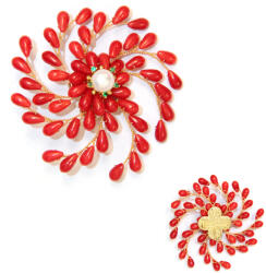  Brosa si Pandantiv din Coral Rosu - Perla de Cultura - 7x7 cm - Metal - 1 Buc
