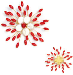 Brosa si Pandantiv din Coral Rosu - Perla de Cultura - 8x8 cm - Metal - 1 Buc